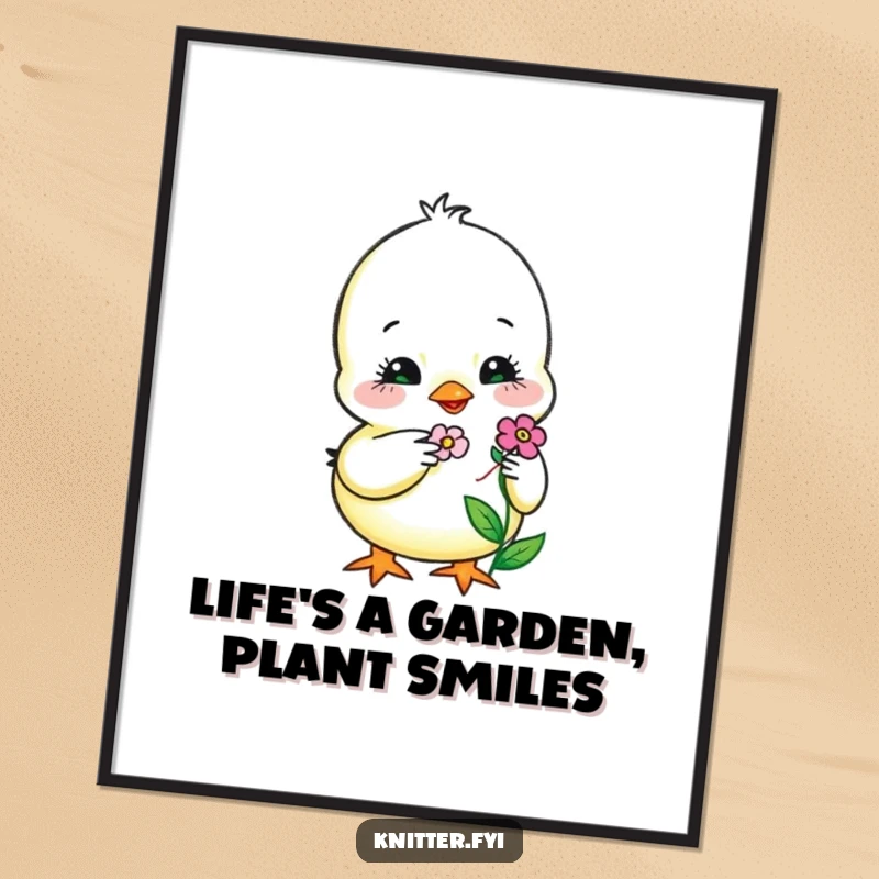 Funny Free Printable Wall Art: Sweet chick carefully embroidering a tiny smiling flower, ideal for downloadable art.