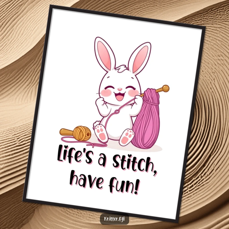Funny Free Printable Bunny Wall Art: A joyful bunny character happily threading a giant needle with colorful yarn, super whimsical.