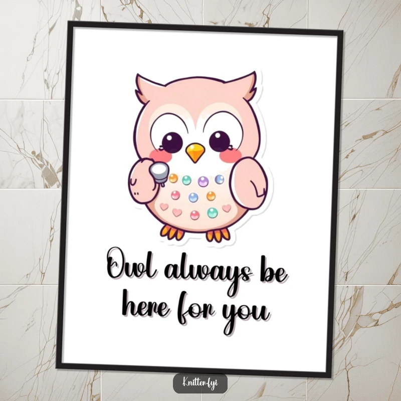Funny Free Printable Kawaii Owl Wall Art, happy owl artistically tapping a sequin with a thimble, charming downloadable decor.