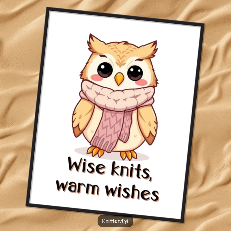 Funny Free Printable Wall Art: Happy owl proudly wearing and showcasing a perfectly knitted, vibrant scarf.