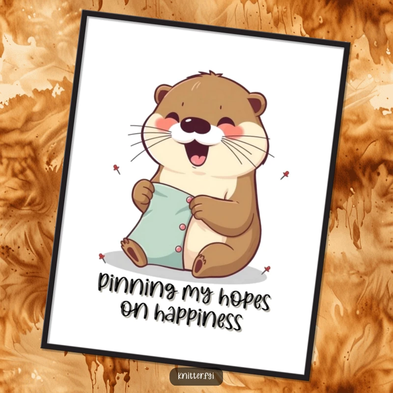 Funny Free Printable Wall Art featuring an excited otter with focused enthusiasm, carefully pinning pieces of fabric together using small, precise pins.