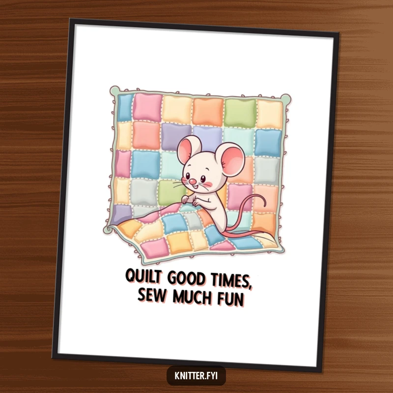 Funny Free Printable Kawaii Mouse Wall Art, giggling mouse sewing colorful patches onto a giant wobbly quilt, whimsical downloadable decor.