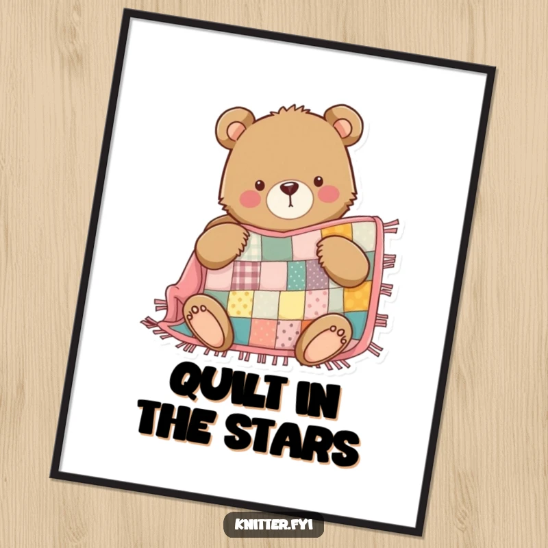 Funny Free Printable Wall Art: Determined bear proudly sewing a patchwork quilt, charming rustic decor.