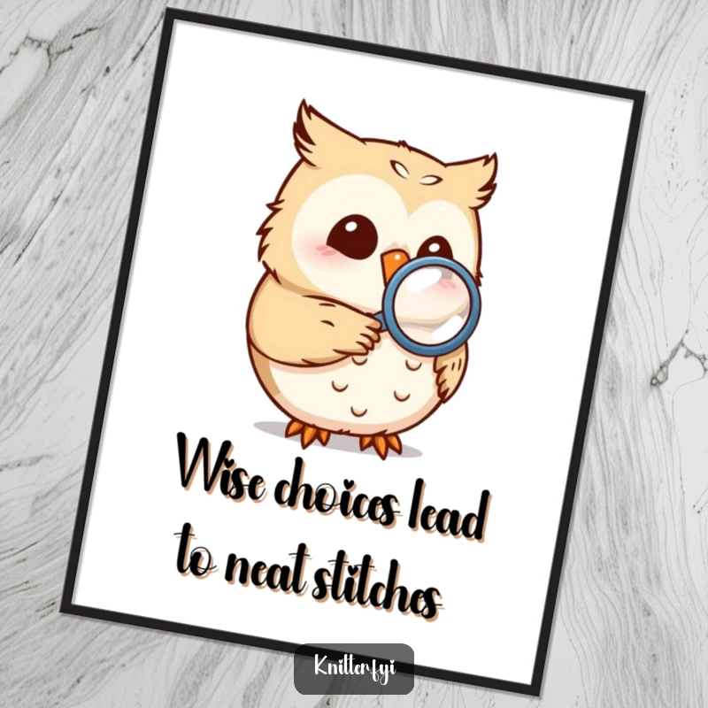 Funny Free Printable Owl Wall Art: A whimsical owl character uses a magnifying glass to closely inspect a tiny seam on its fabric.