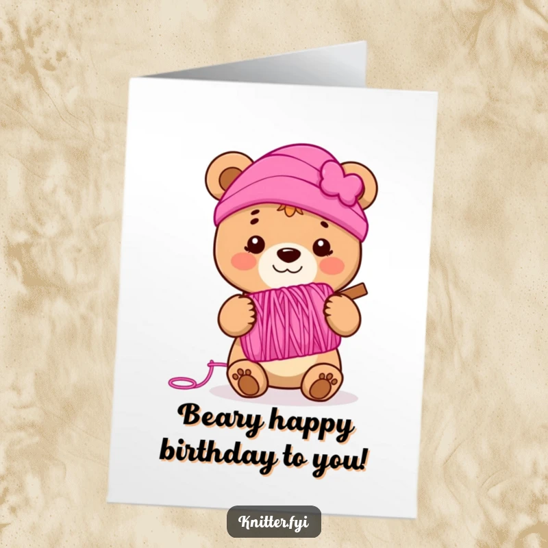 Funny Free Printable Bear Birthday Card: A smiling bear cub holds pink yarn, ready to celebrate your birthday.