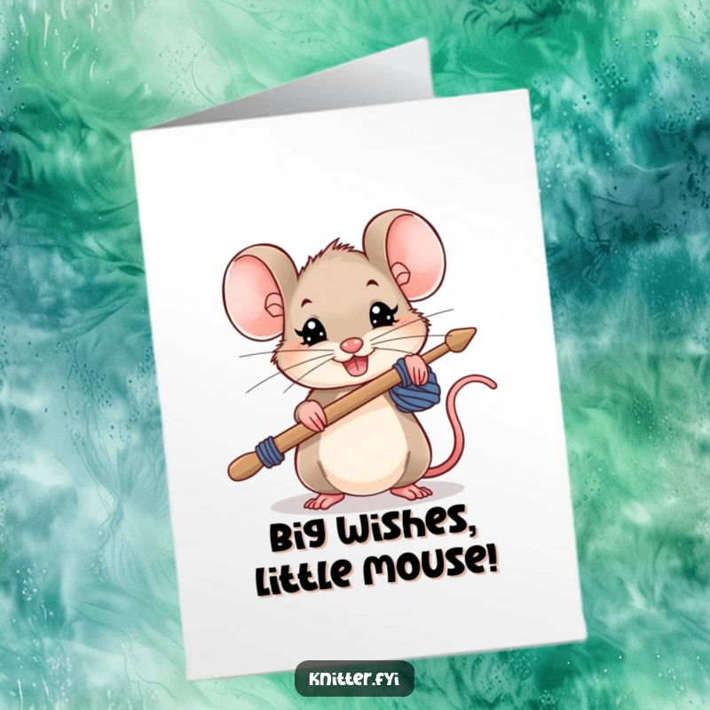 Funny free printable birthday card of a small mouse holding oversized knitting needles with a determined grin.