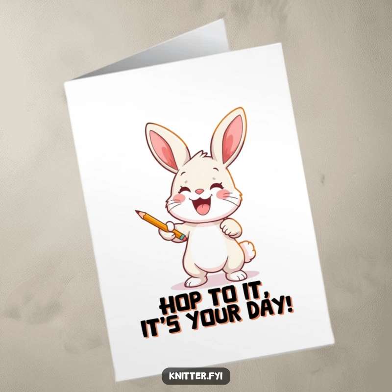 Funny Free Printable Birthday Card: Joyful bunny meticulously draws a pattern onto fabric with a pencil, creating art.