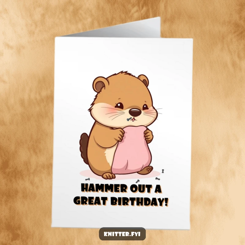 Funny Free Printable Beaver Birthday Card: Cheerful beaver diligently hammering nails into fabric, celebrating birthdays with industrious joy.