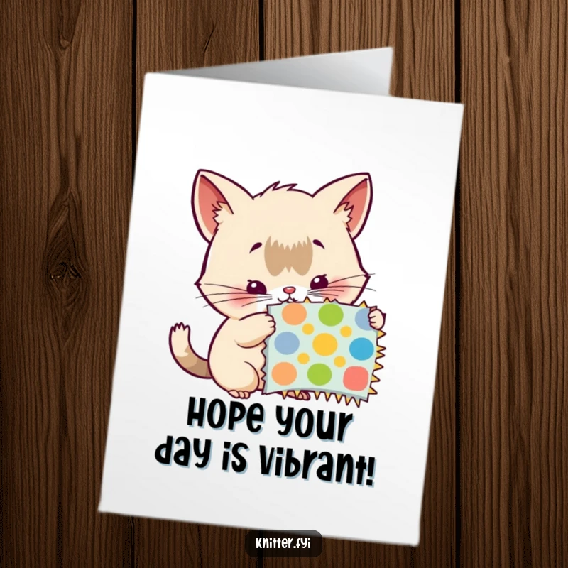 Free Printable Birthday Card: Curious creature with twitching whiskers intently examines a colorful, detailed pattern swatch.