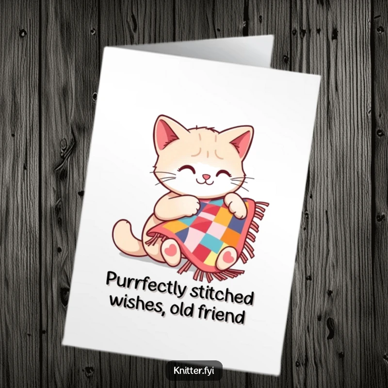 Funny Free Printable Birthday Card: Happy cat humorously sews a tiny colorful quilt, perfect for DIY craft gifts.