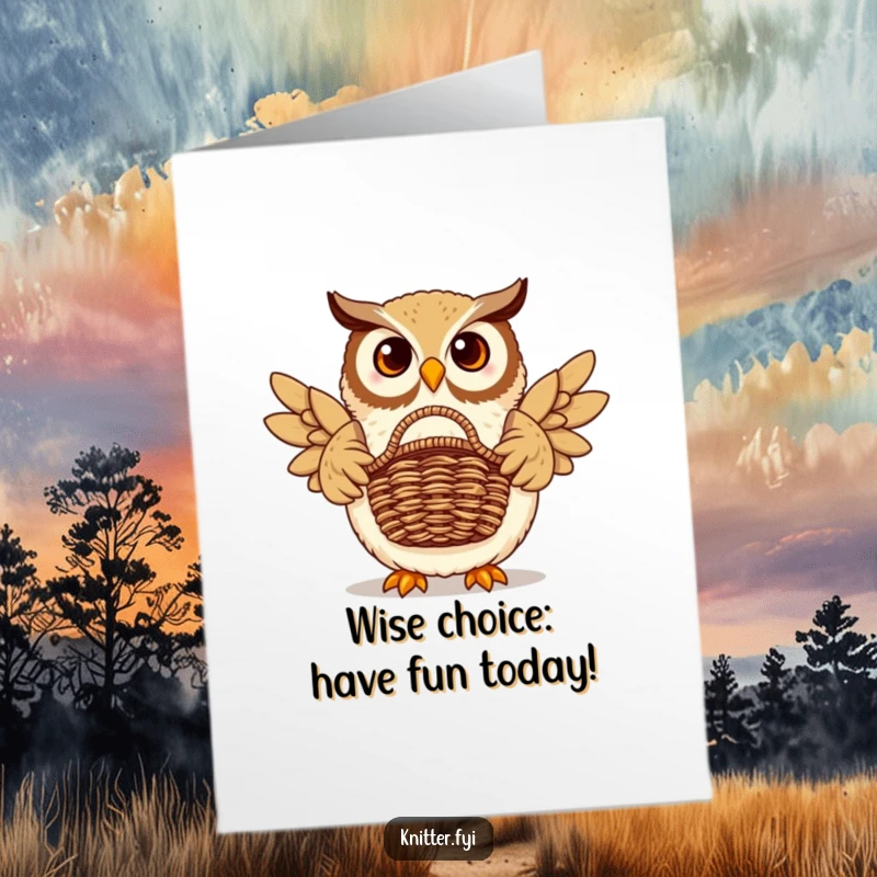 Funny Free Printable Birthday Card: Proud owl displays a beautifully woven basket, offering birthday wisdom and cheer.