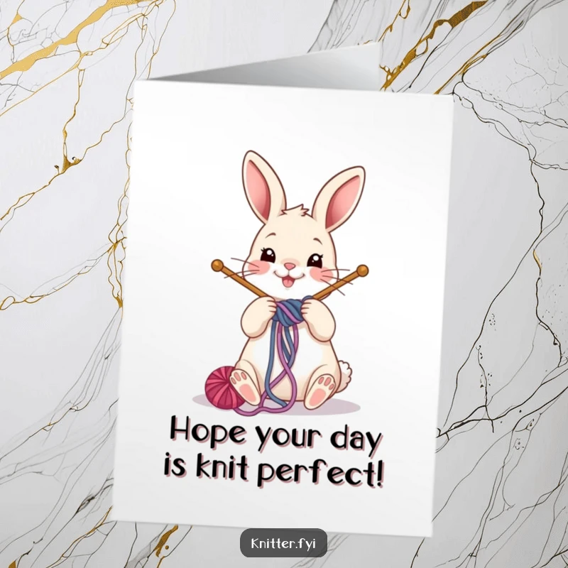 Funny Free Printable Birthday Card: Cheerful rabbit hilariously winds yarn around giant knitting needles, a DIY craft.