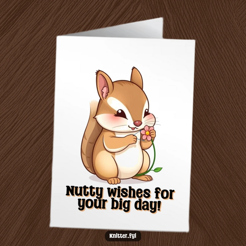 Funny Free Printable Birthday Card: Squirrel meticulously stitching a tiny flower, a charming DIY gift idea.
