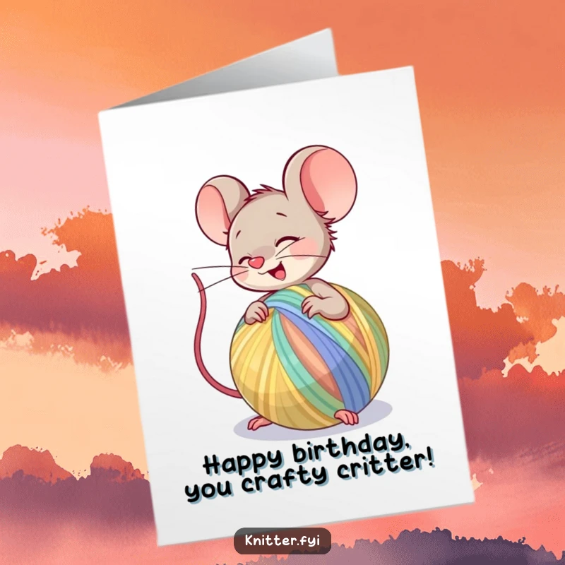 Funny free printable birthday card showing a giggling mouse character busily spinning a large ball of colorful yarn.