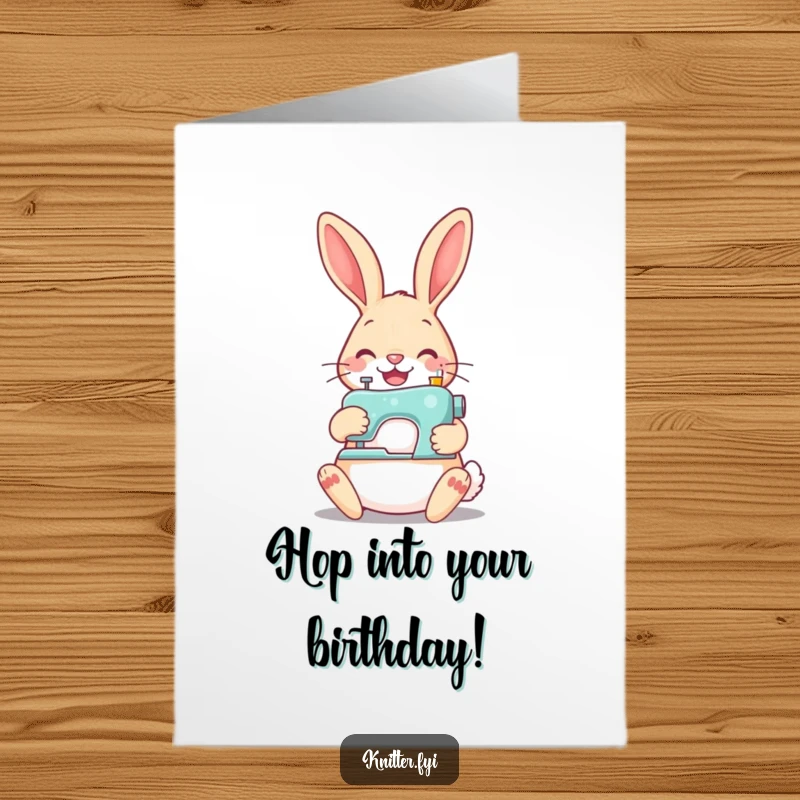 Funny Free Printable Birthday Card of a cheerful rabbit happily stitching a button with a tiny sewing machine.