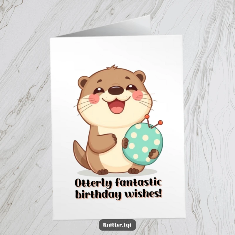 Funny Free Printable Otter Birthday Card: A gleeful otter holding a pincushion, spreading birthday happiness with a wide smile.