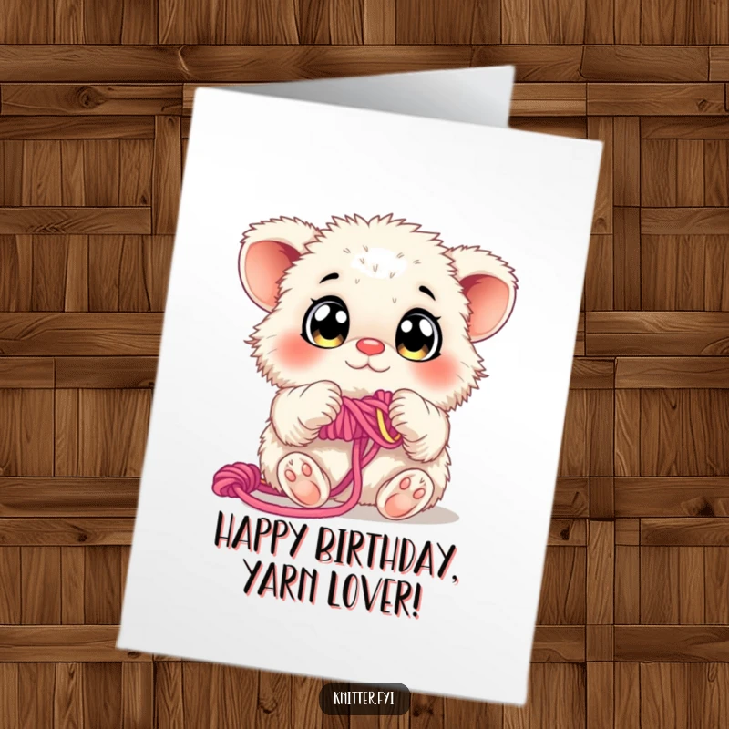 Funny Free Printable Birthday Card: A fluffy creature with big curious eyes skilfully weaving colorful yarn with its paws.