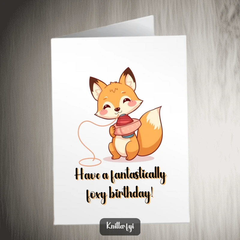 Funny Free Printable Fox Birthday Card, character using thread spool as spinning top, playful and energetic, perfect for a fun birthday.