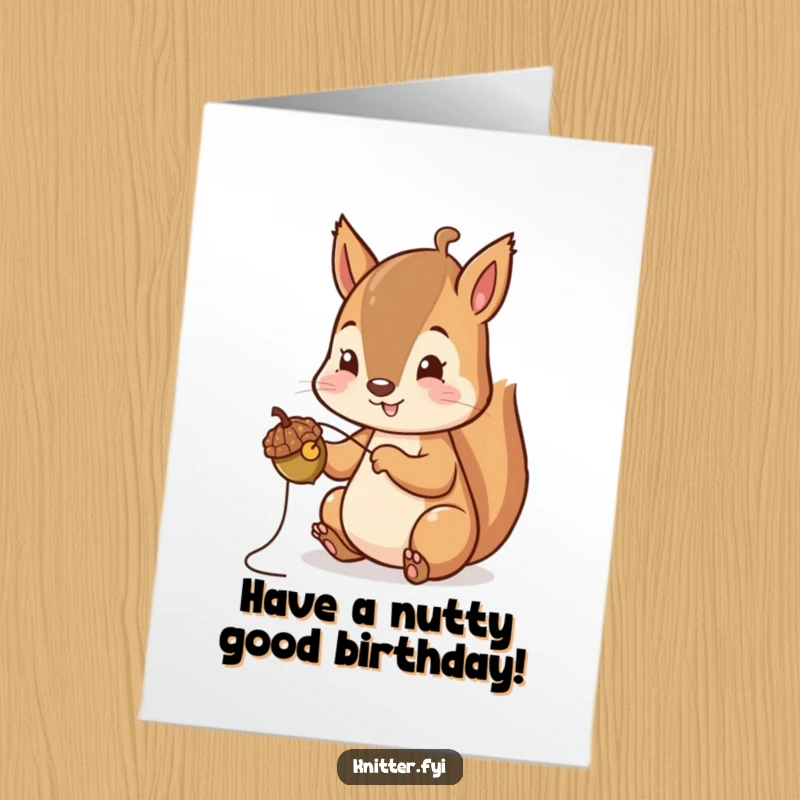 Funny Free Printable Birthday Card: Cheerful squirrel sewing a tiny acorn cap, celebrating a birthday.