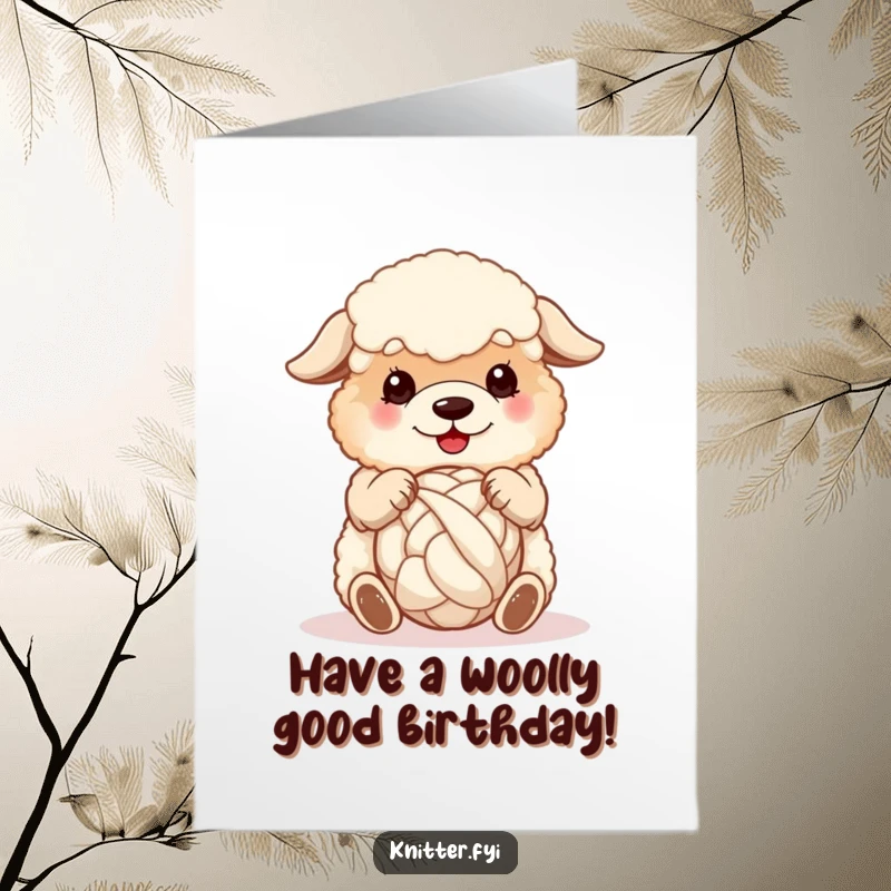 Funny free printable birthday card featuring a fluffy sheepdog happily spinning a ball of wool with its paws.