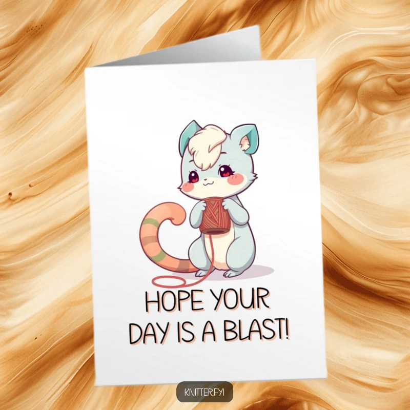 Free Printable Birthday Card: Playful creature with a long tail carefully winding red yarn around a wooden spool, creating a cozy scene.