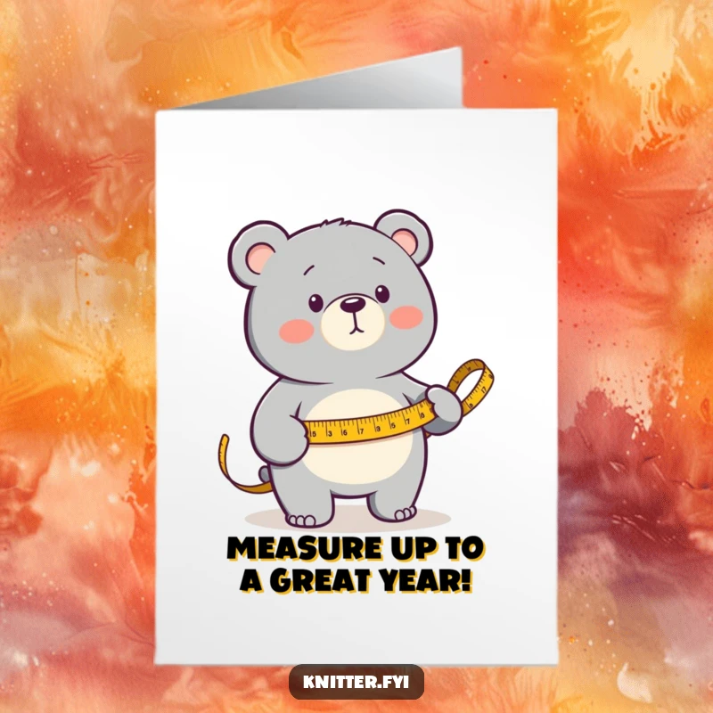 Funny Free Printable Birthday Card: Determined bear measuring fabric with a golden tape, ideal for a DIY gift.