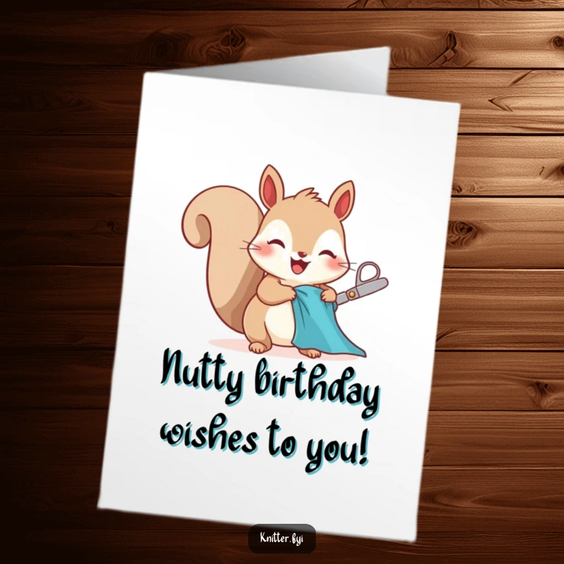Funny Free Printable Squirrel Birthday Card, character cutting fabric with scissors, excited and crafty, perfect for a birthday surprise.