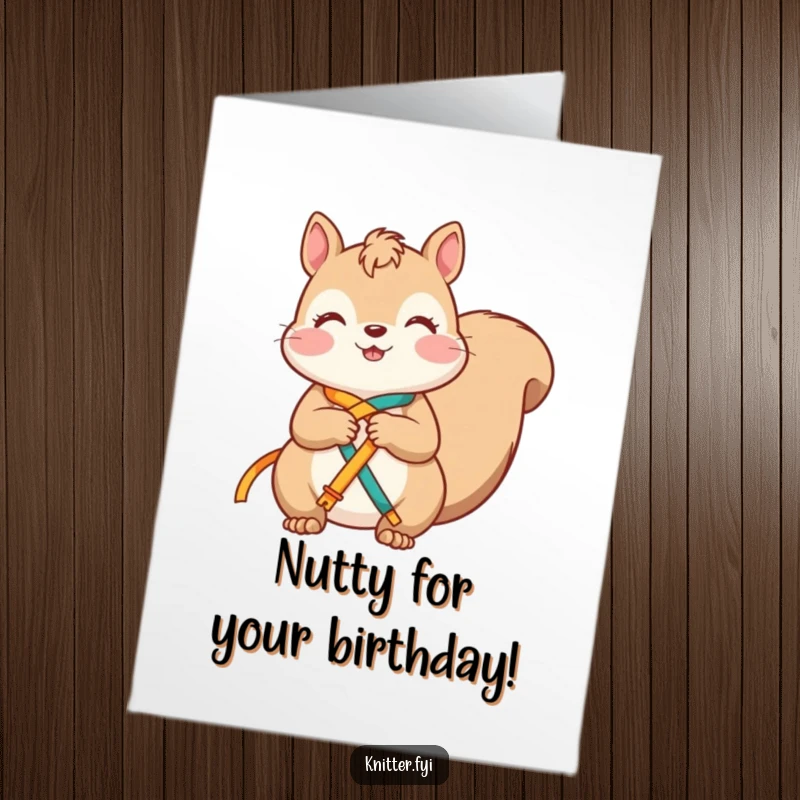 Funny free printable squirrel birthday card, a squirrel happily tying bright ribbons, cute DIY gift.