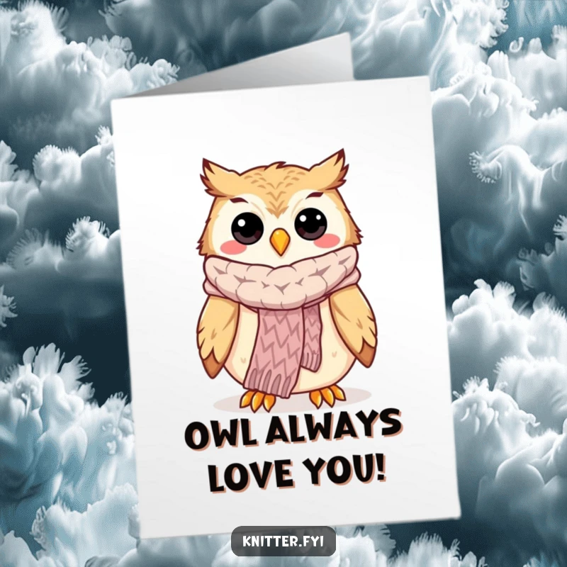Funny Free Printable Birthday Card: Happy owl proudly displays a beautifully knitted scarf, looking warm and stylish.