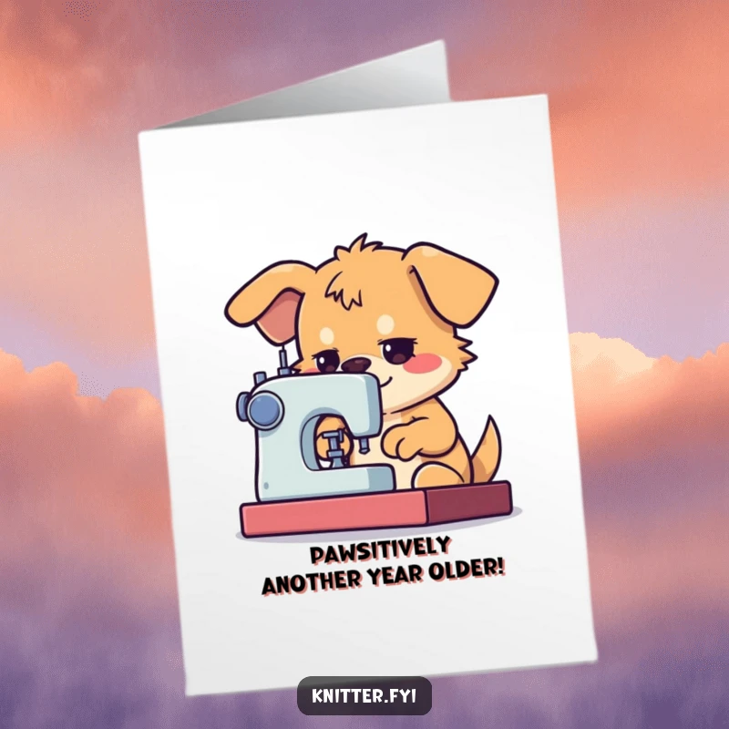 Funny Free Printable Birthday Card: A determined dog character intently operating a sewing machine with great focus, celebrating a birthday.