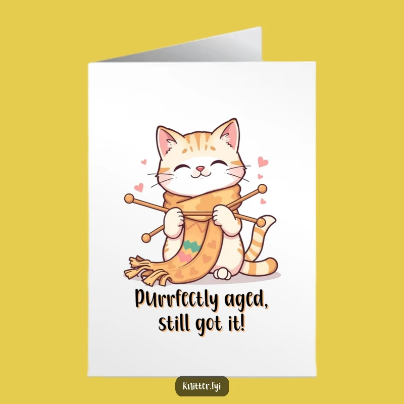 Free Printable Birthday Card: Funny Cat Knitting Colorful Scarf Downloadable Gift
