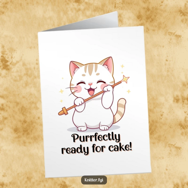 Funny Free Printable Birthday Card: Playful cat humorously threads a giant sparkling needle, a DIY gift with flair.