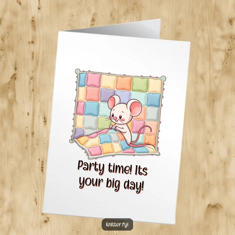 Funny Free Printable Birthday Card with a giggling Kawaii mouse sewing patches on a wobbly quilt, a charming downloadable gift.