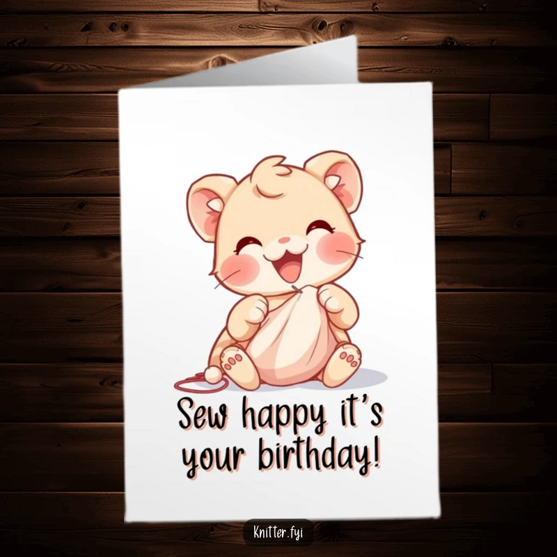 Funny Free Printable Birthday Card: Delighted creature with nimble paws sewing a piece of cloth, a creative celebration.