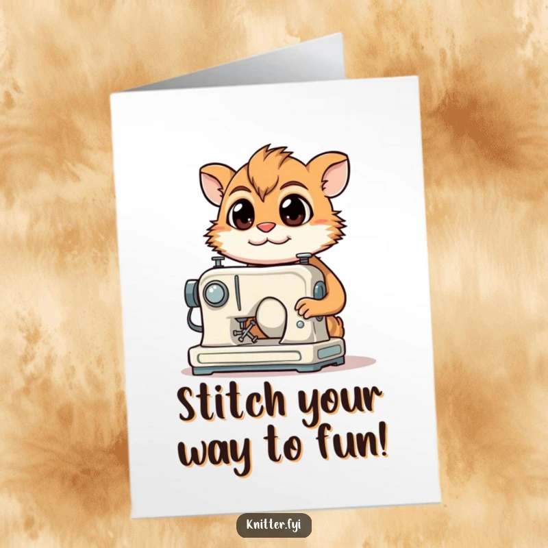Funny Free Printable Birthday Card: A determined creature smiling while operating a miniature sewing machine, focused on creating.