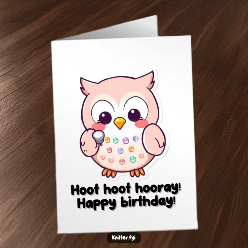 Funny Free Printable Birthday Card with a happy Kawaii owl precisely tapping a sequin, a wise and downloadable gift.