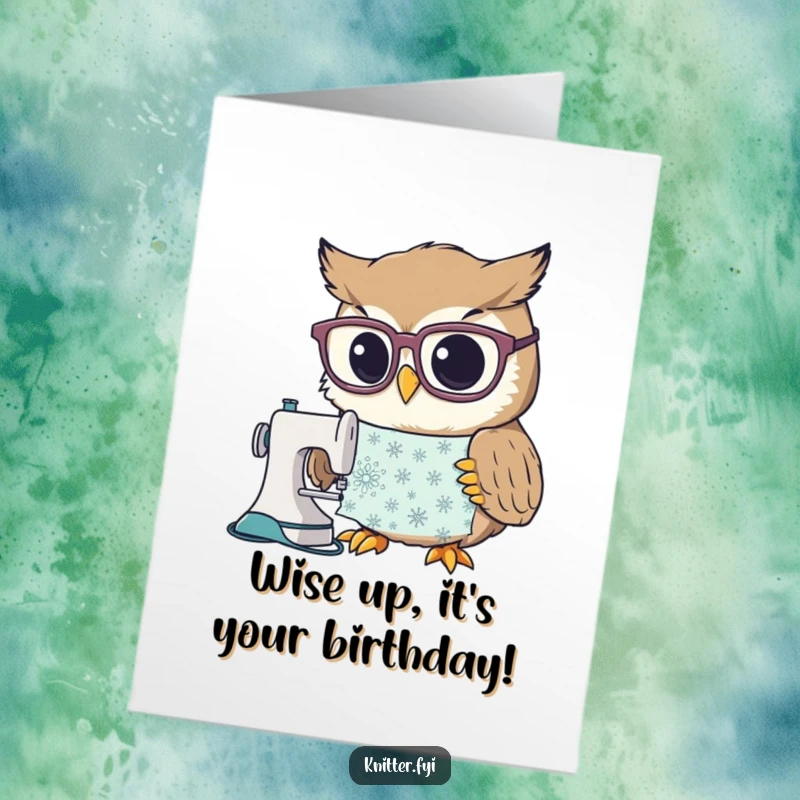 Funny Free Printable Owl Birthday Card: A curious owl wearing large spectacles studies a complex sewing pattern with intense focus.