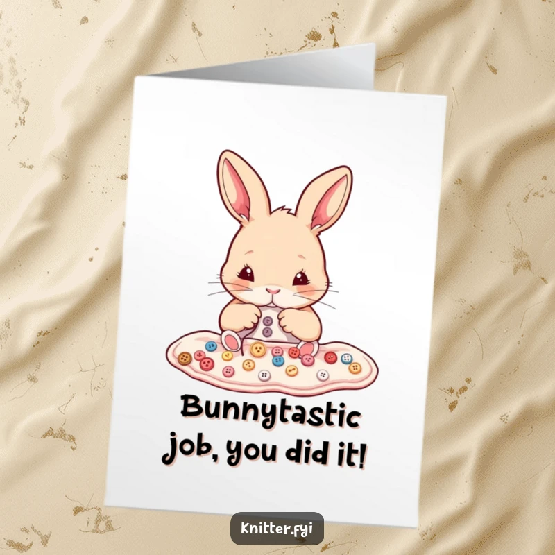 Funny Free Printable Congrats Card: A determined rabbit carefully sewing tiny buttons onto fabric to celebrate a victory.