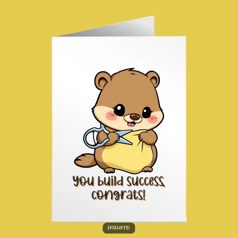 Free Printable Beaver Congratulations Card: Funny Beaver Tailor Cutting Fabric Success Downloadable