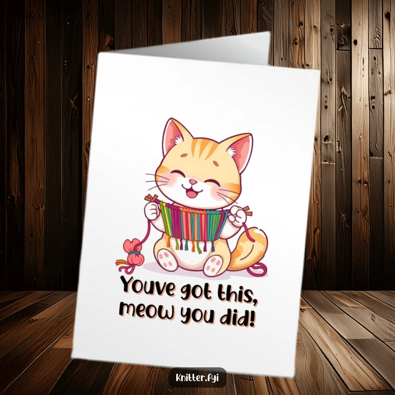 Funny Free Printable Congratulations Card: A happy cat skillfully weaving a colorful tapestry, signifying a grand success.