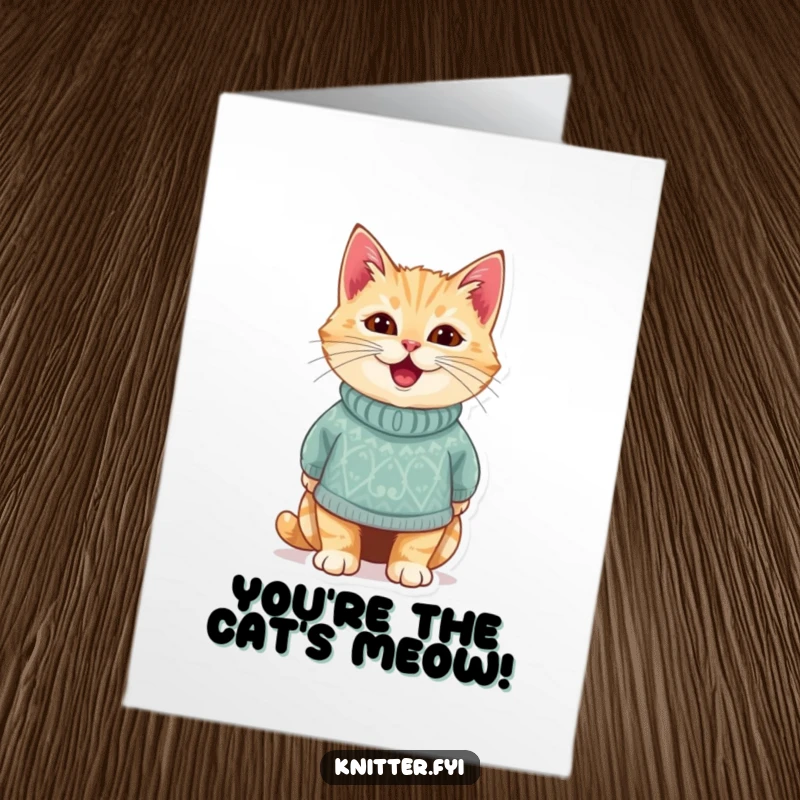 Cute free printable congratulations card: a smug cat radiating delight while wearing a perfectly fitted, tiny handmade sweater, embracing victory.