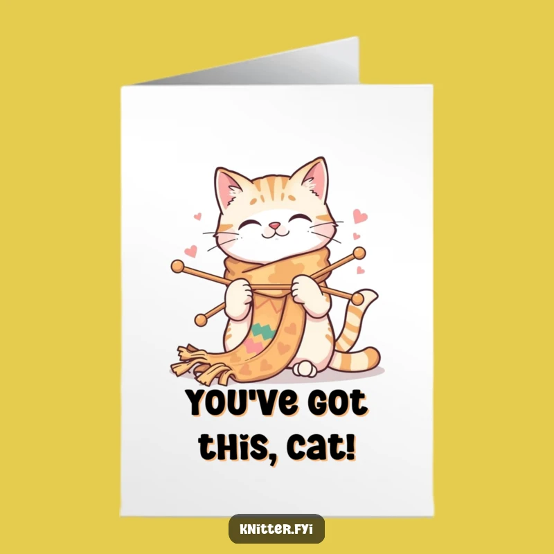 Free Printable Congrats Card: Funny Cat Knitting Scarf Celebrates Your Success Downloadable