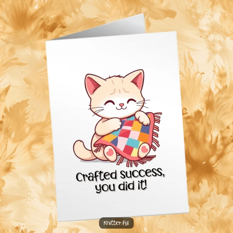 Funny Free Printable Congrats Card: A happy cat diligently sews a small colorful quilt, ideal for DIY gift-giving.