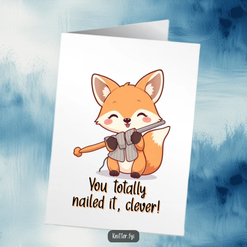 Funny Free Printable Congrats Card: A playful fox brandishing oversized knitting needles, ideal for a humorous DIY gift.