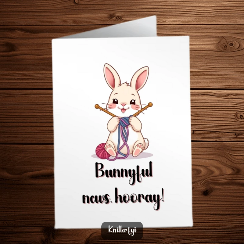 Funny Free Printable Congrats Card: A cheerful rabbit expertly winds yarn around large knitting needles, a DIY gift idea.