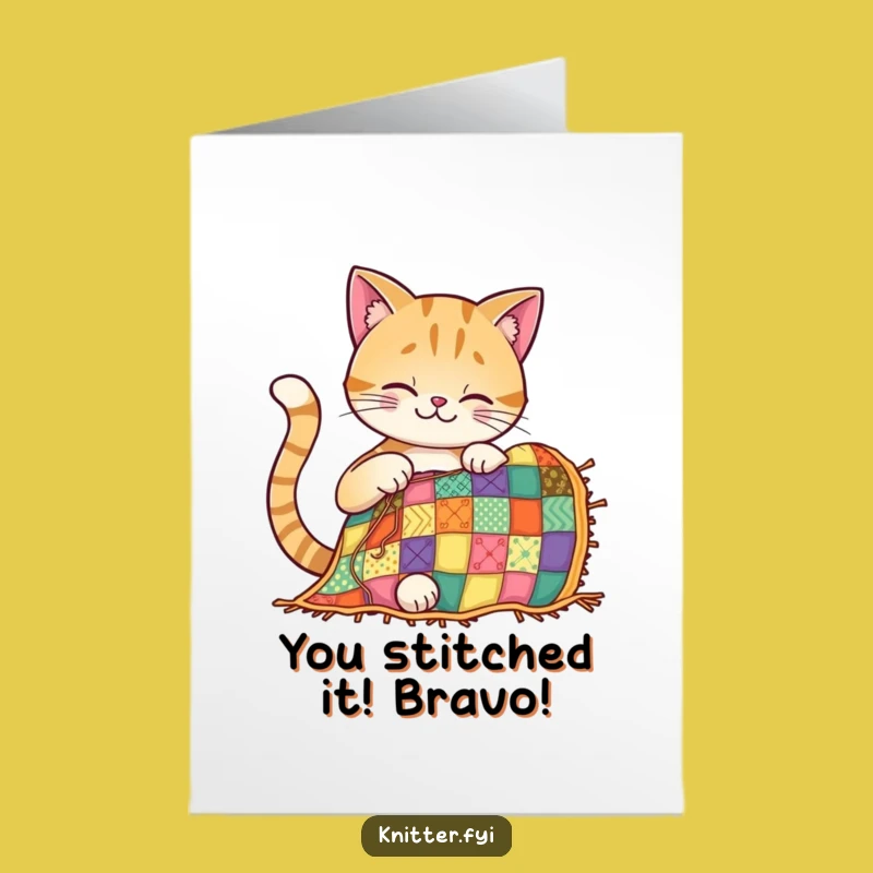Free Printable Congrats Card: Hilarious Cat Quilting, Ideal Downloadable Gift for Big Wins!