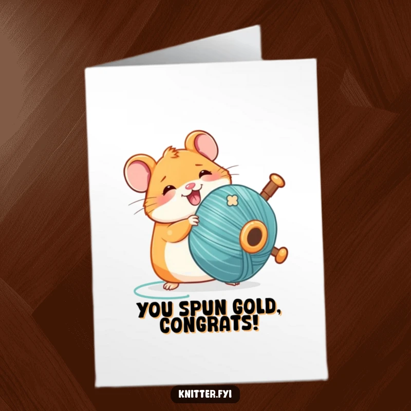Funny Free Printable Congratulations Card: Kawaii hamster excitedly spinning a large thread bobbin, celebrating success.
