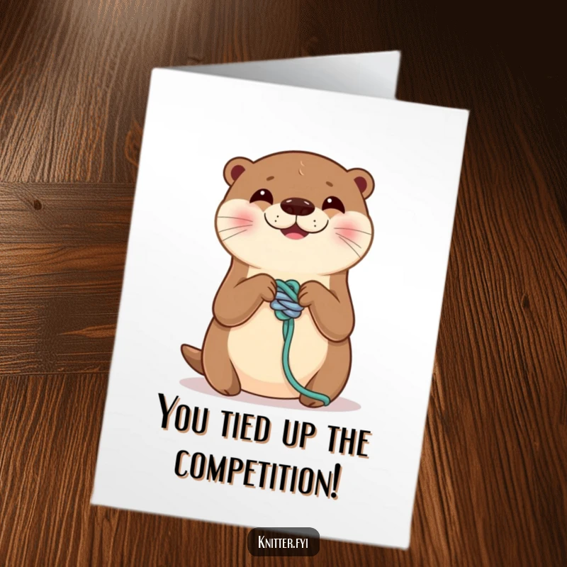 Skillful free printable congratulations card: a smiling otter expertly tying a flawless knot on a yarn strand, signifying mastery.