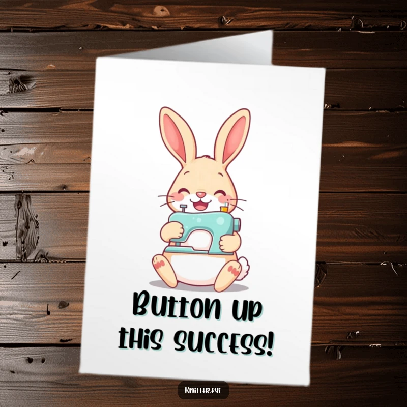 Funny Free Printable Congratulations Card of a happy rabbit using a tiny sewing machine to stitch a button.