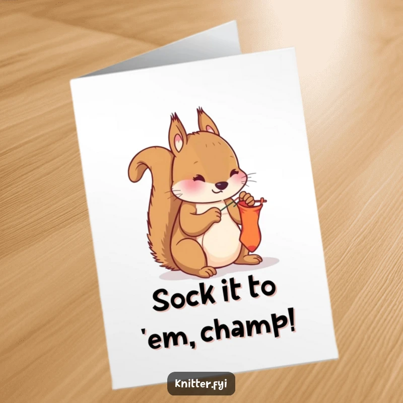 Funny Free Printable Congratulations Card showing a squirrel carefully mending a sock with a needle and thread.